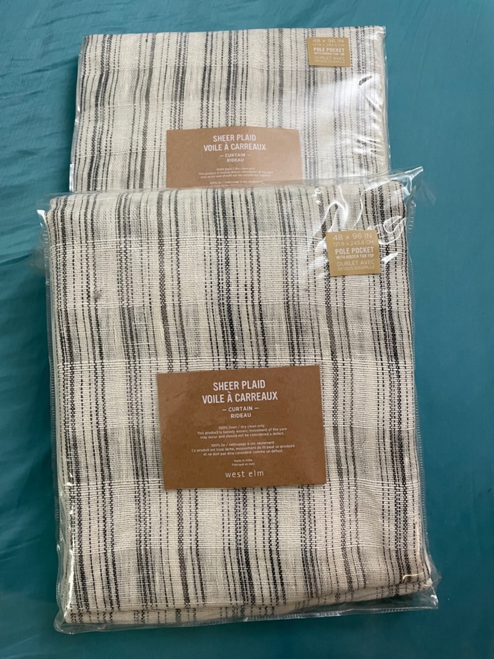 New West Elm Sheer Plaid Curtain Panel in Black and Cream 48” x 96” L 2 panels